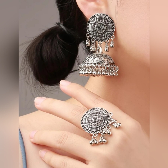Antique silver tassle jhumka with ring set/ Indian pakistani jewelry/ jhumka set - Picture 2 of 5